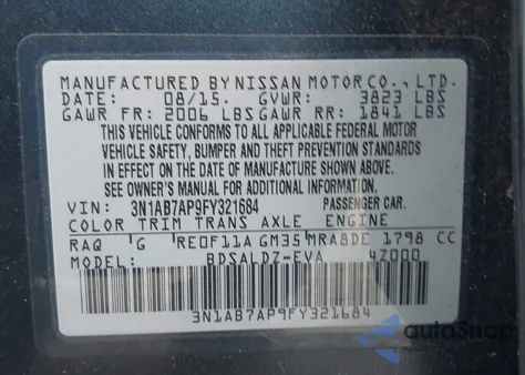 2015 Nissan Sentra Sv z USA, uszkodzony, nr VIN 3N1AB7AP9FY321684
